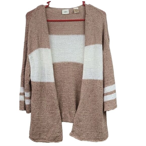 Buckle Daytrip Cardigan Sweater Ribbon Yarn Knitted Open Flyaway Tan Striped - Picture 1 of 9